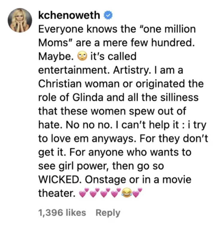 Screenshot of Kristin Chenoweth's Instagram comment