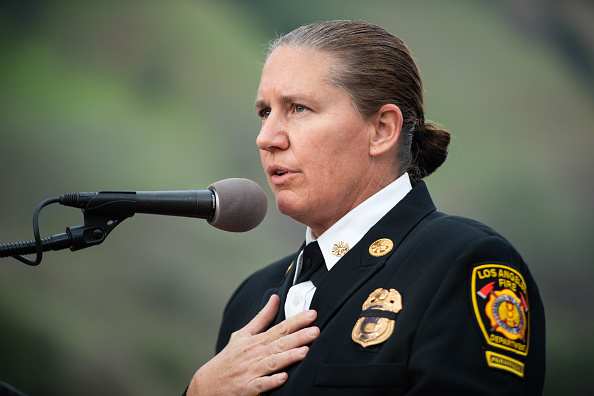 LA Fire Chief Kristin Crowley speaking at a microphone