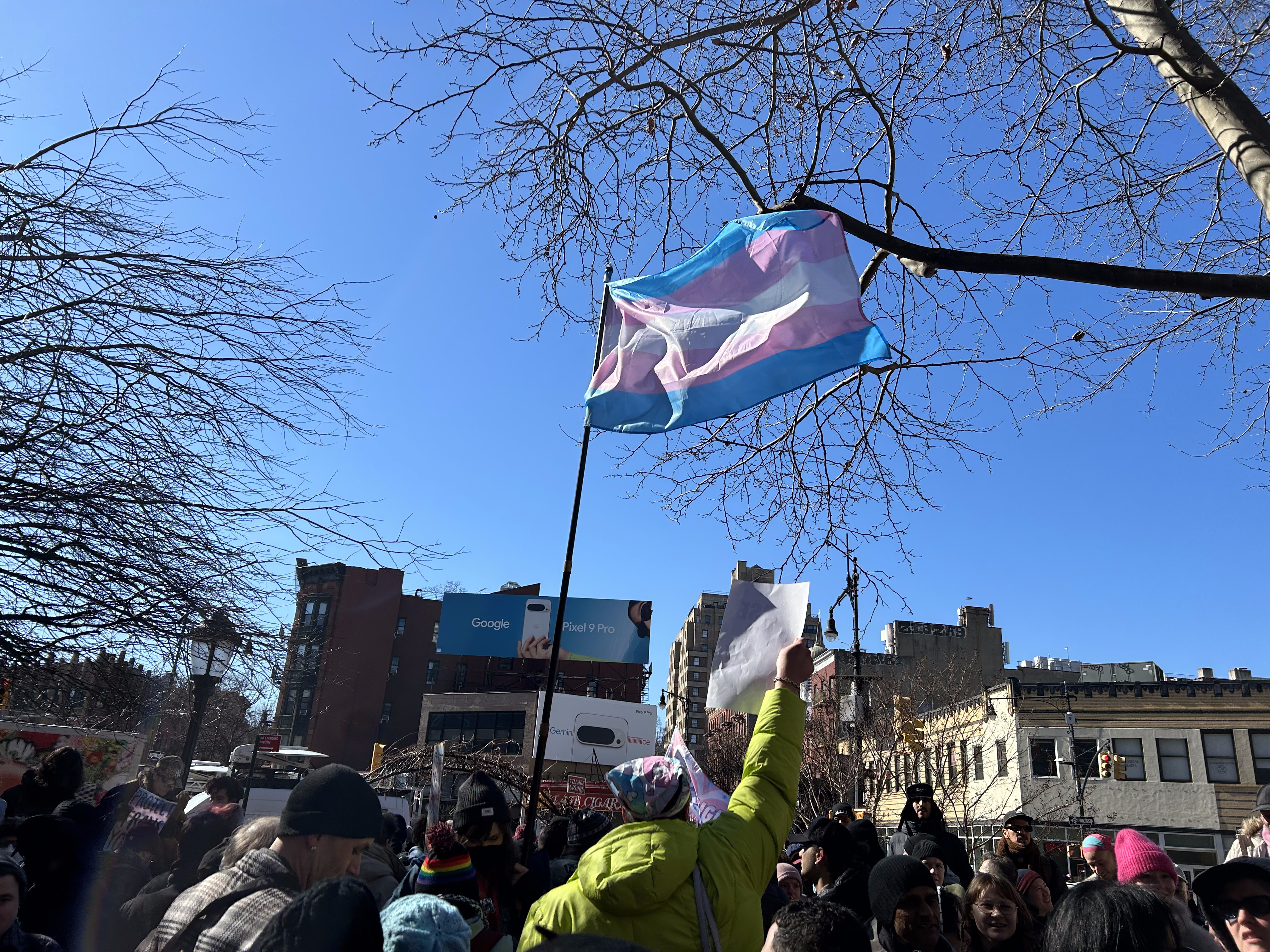 Trans flag flies high at protest at Stonewall National Monument 2.14.2025