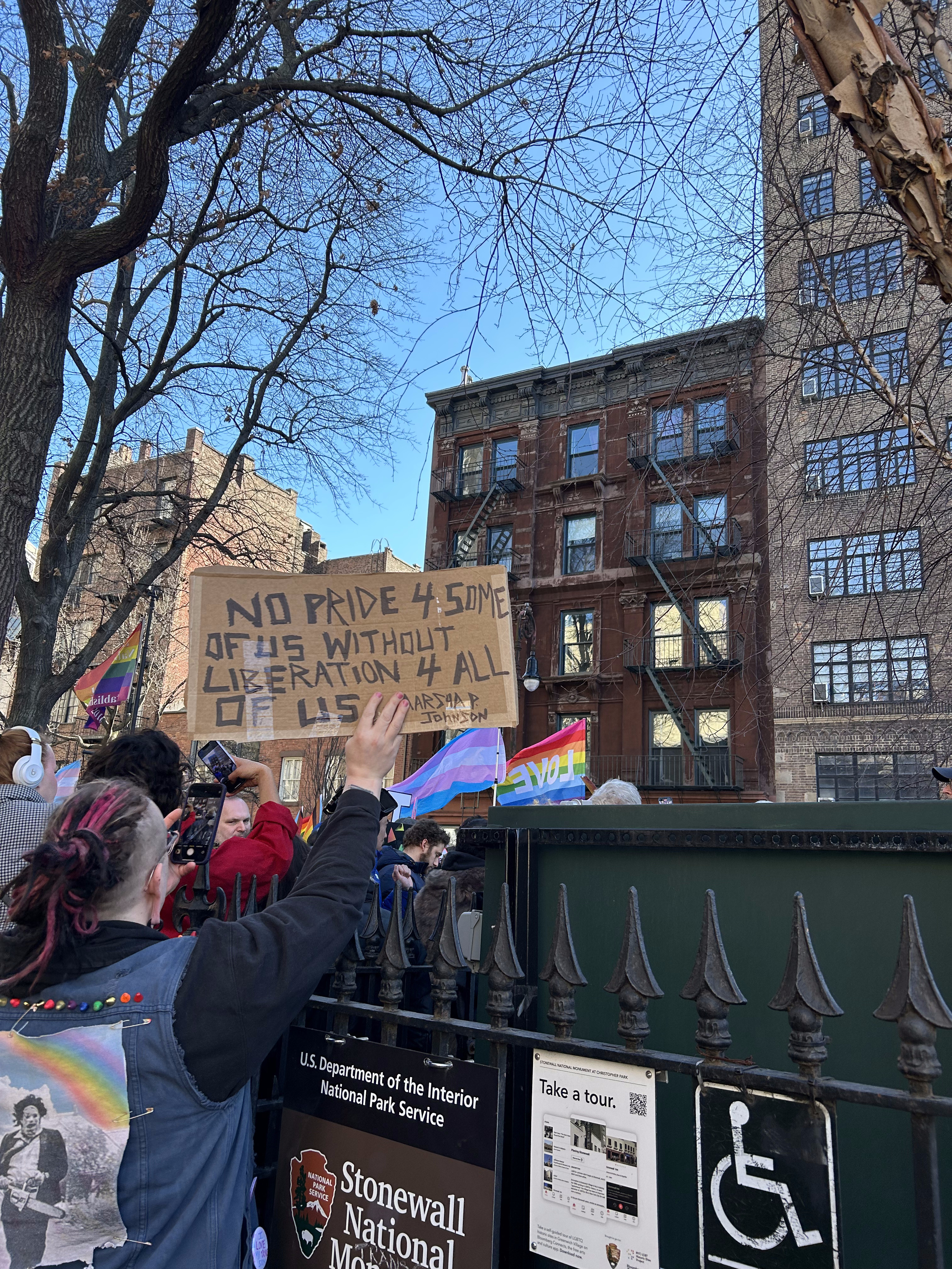 Protest sign at Stonewall National Monument 2.14.2025