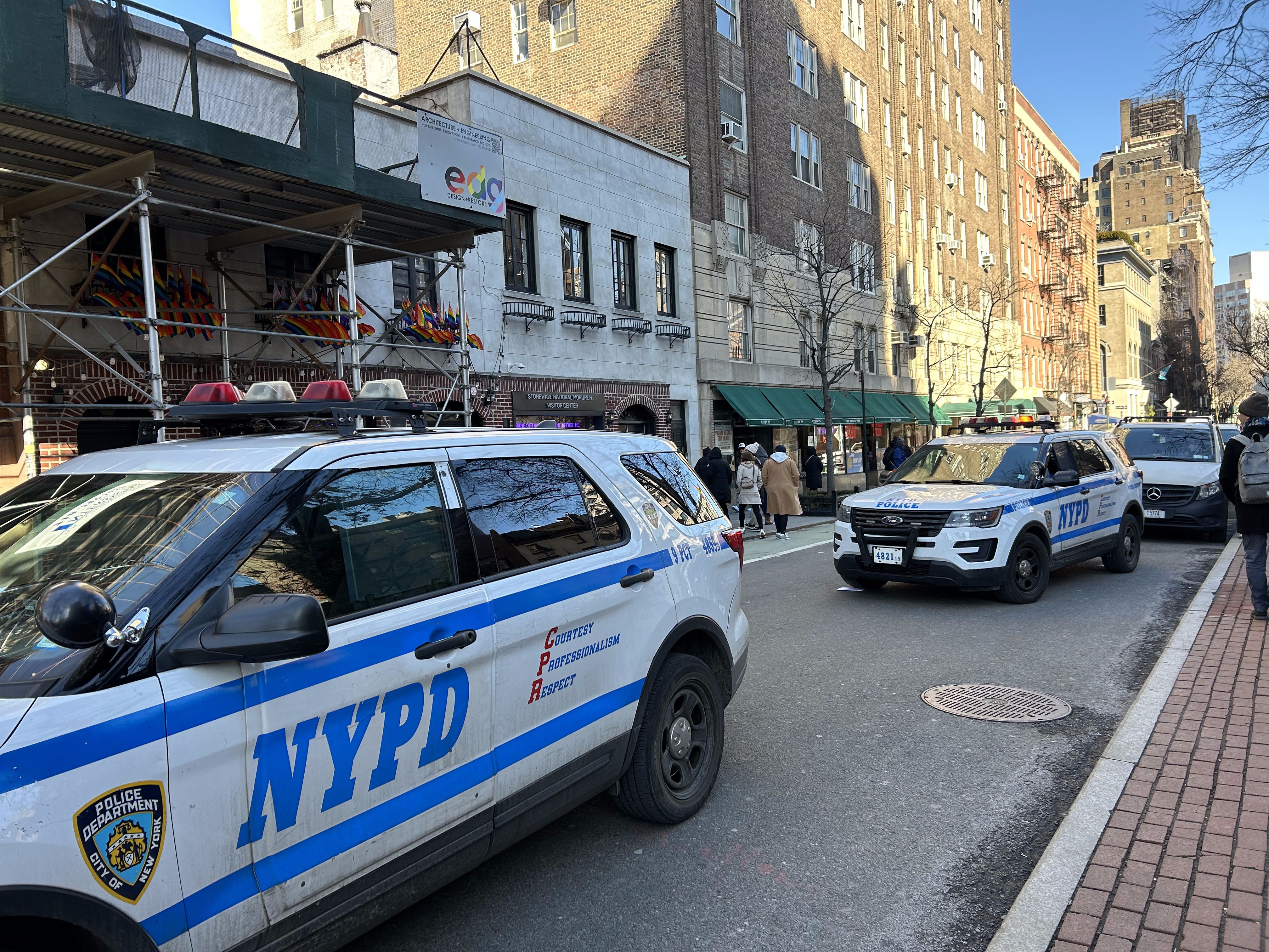 NYPD cars at the protest at Stonewall National Monument 2.14.2025