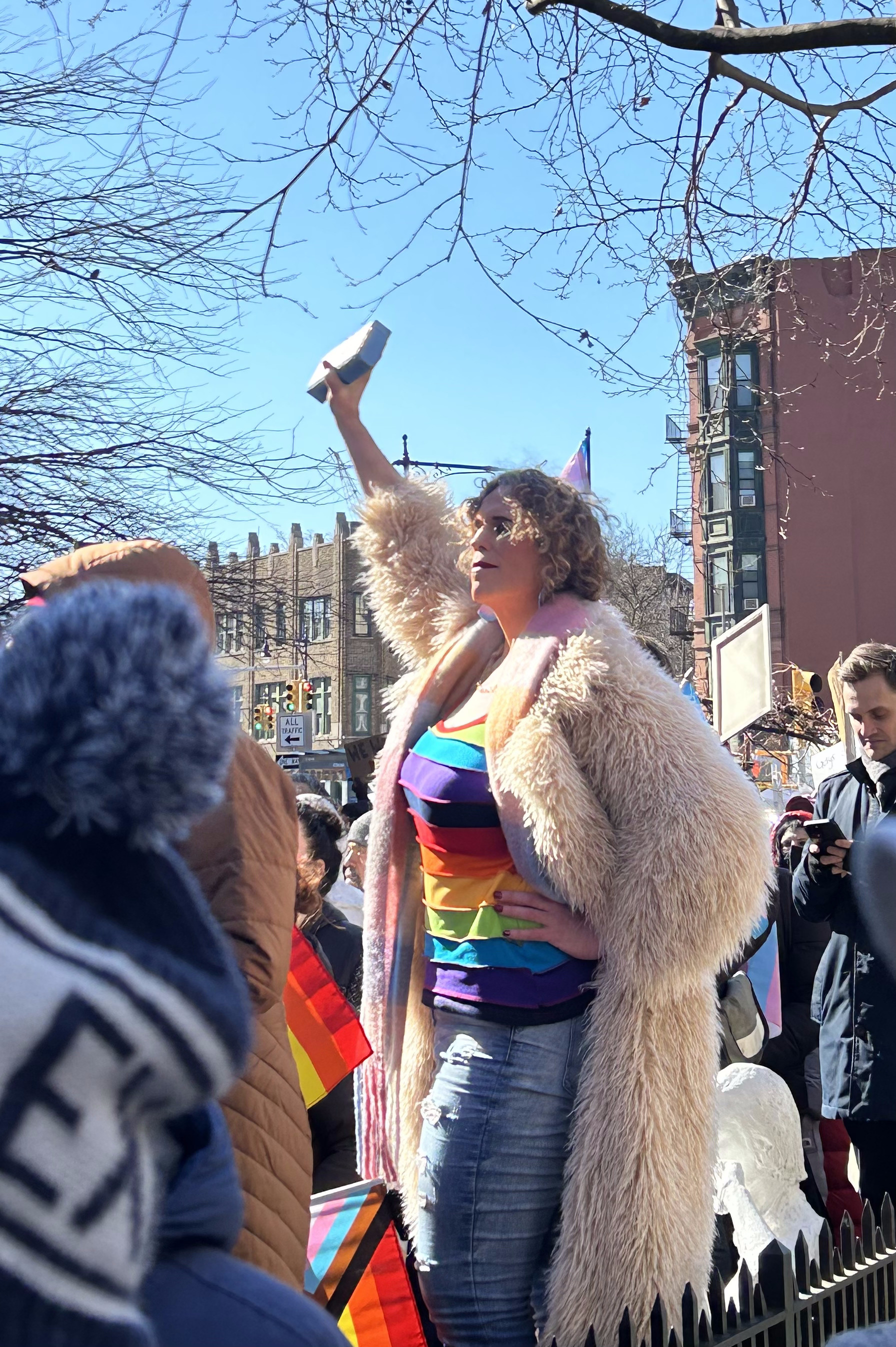 Protestor holds a brick painted with the trans flag at a protest at Stonewall National Monument 2.14.2025