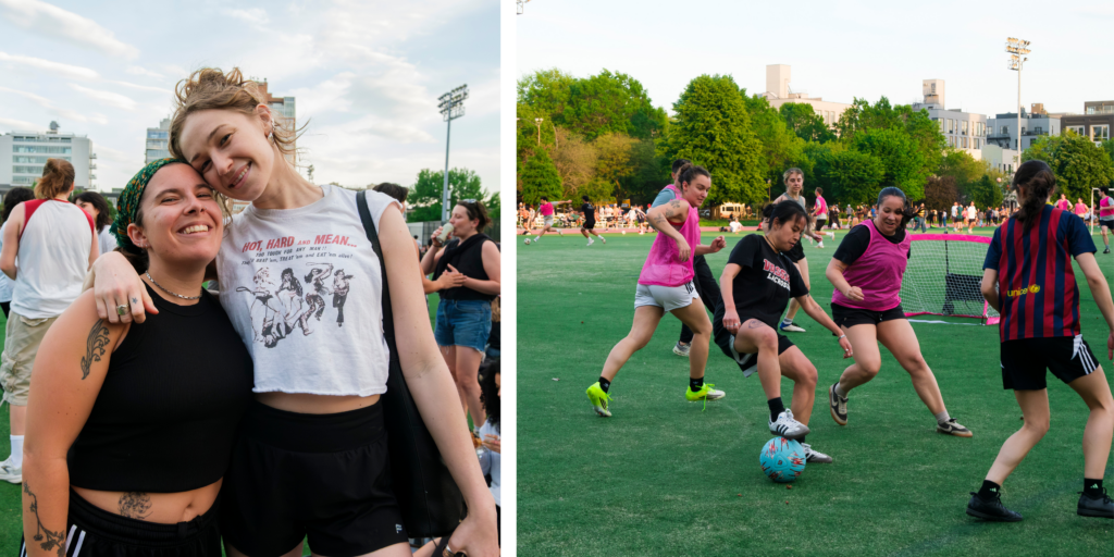 On the left, two players pose for the camera, smiling. On the right, a group is playing soccer. 