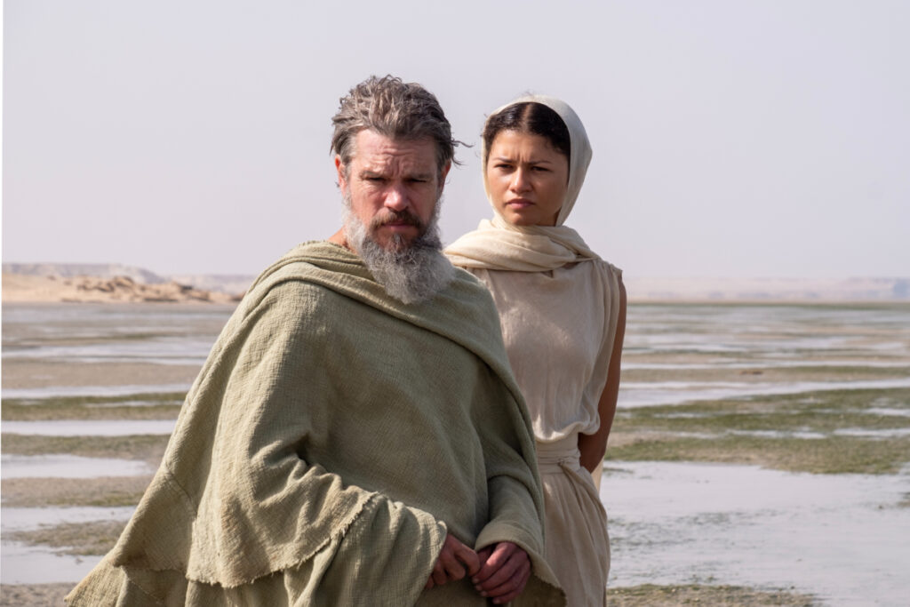 L to R: Matt Damon is Odysseus and Zendaya is Athena in 'The Odyssey.' Photo courtesy of Universal Pictures
