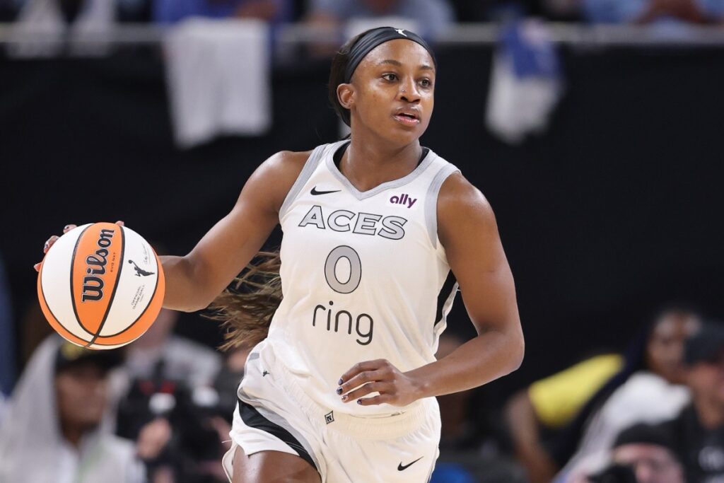 CHICAGO, ILLINOIS - AUGUST 25: Jackie Young #0 of the Las Vegas Aces dribbles up the court against the Chicago Sky at Wintrust Arena on August 25, 2025 in Chicago, Illinois. NOTE TO USER: User expressly acknowledges and agrees that, by downloading and or using this photograph, User is consenting to the terms and conditions of the Getty Images License Agreement. (Photo by Michael Reaves/Getty Images)