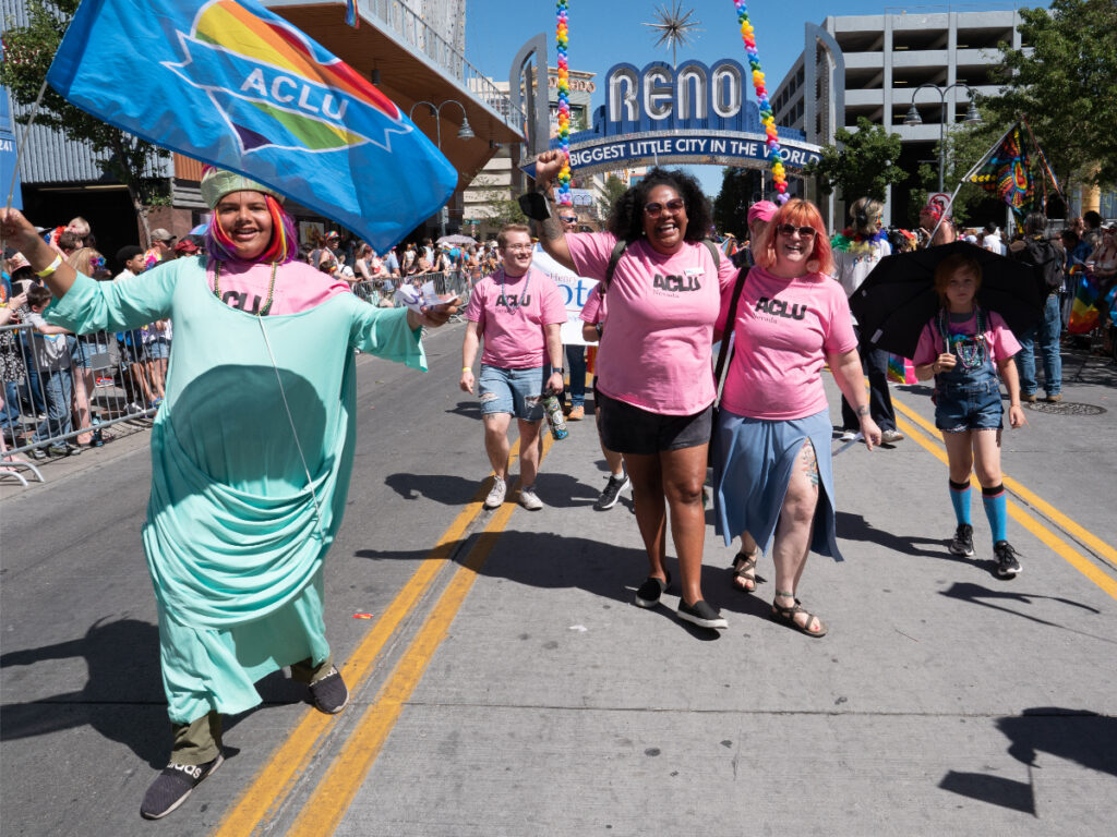 The ACLU of Nevada attend the Northern Nevada’s Pride celebration. Photo by Bob Conrad/SOPA Images/LightRocket via Getty Images