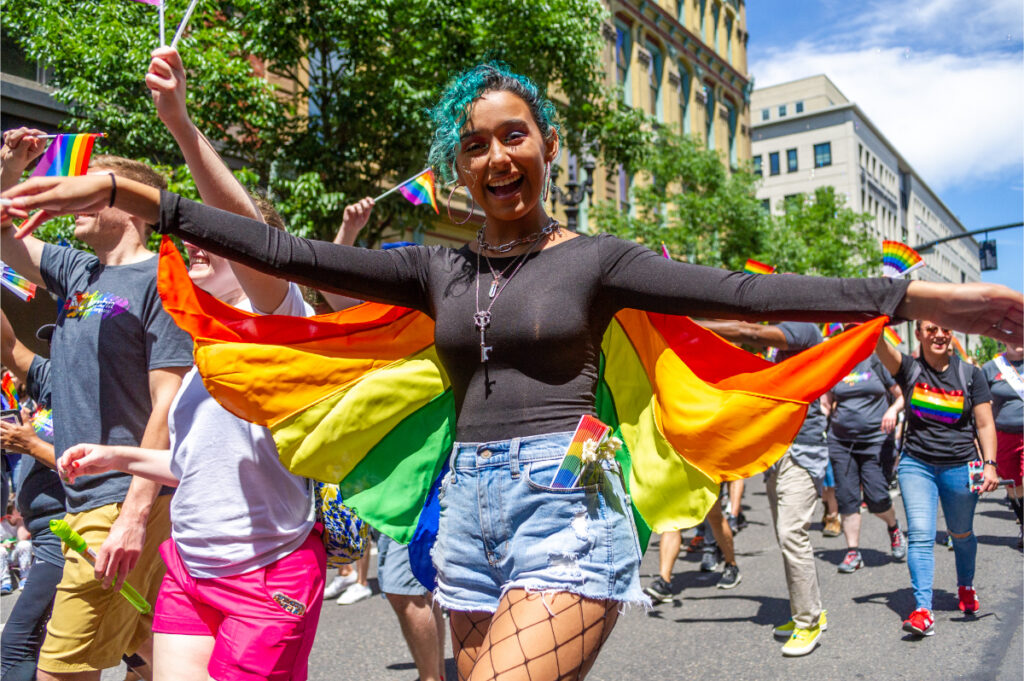 A participant displays her rainbow wings during the Portland Pride Parade and Festival. Photo by Diego Diaz/Icon Sportswire via Getty Images