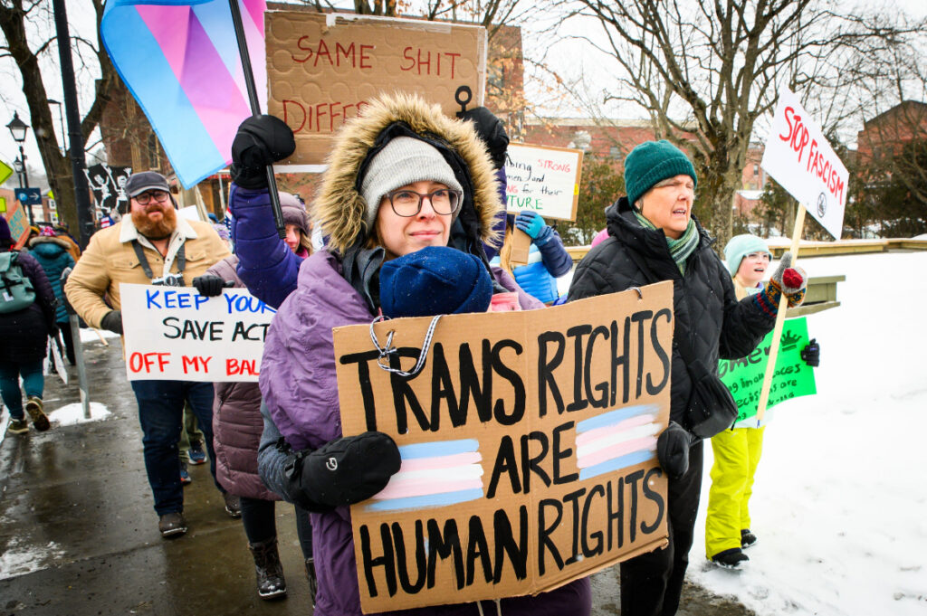 Demonstrators at a 50501 Trump protest on International Women's Day 2025 at the Vermont State House in Montpelier, Vermont. Photo by John Lazenby/UCG/Universal Images Group via Getty Images