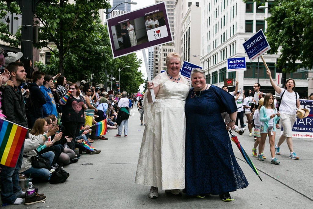 Attendees and marchers on the streets of downtown Seattle for the 40th Annual Seattle Pride Parade in Seattle, Washington. Photo by Suzi Pratt/FilmMagic