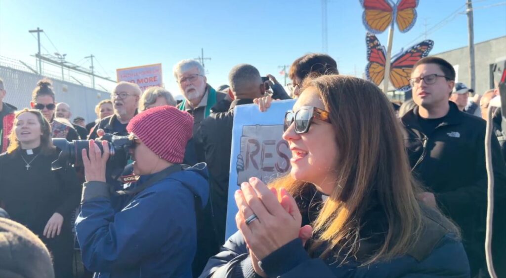 “Faith on the Front Lines” Dr. Rev Rachel Griffin Allison protests at the B roadview Dention Center Protest. Photo courtesy of Wow Films